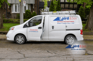 Laird & Son Heating and Air Conditioning service van parked on a residential street, showcasing the company's commitment to home comfort services in Toronto neighborhoods.